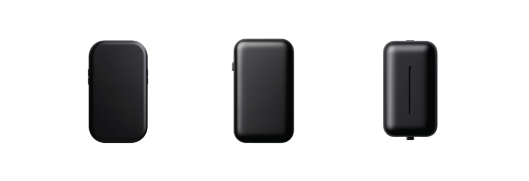 Black objects show three different compact device shapes in minimalist design