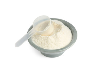 Collagen powder in bowl and scoop isolated on white