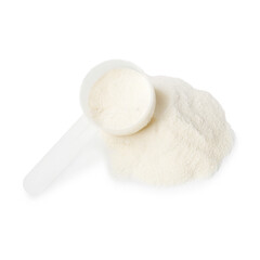 Collagen powder and scoop isolated on white, top view