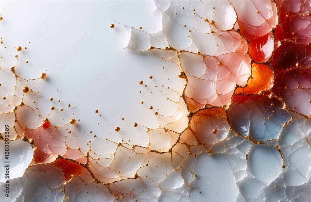 Aufkleber abstract cellular shapes in white, red, orange, and blue. small brown dots scatter on the smooth, gl