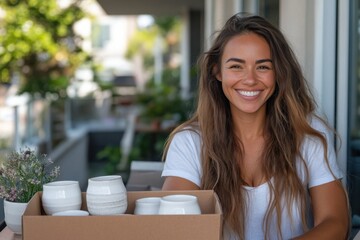 A cheerful woman poses at a cafe, showcasing her beautiful pottery collection while radiating warmth and happiness amidst a vibrant atmosphere, perfect for lifestyle photography.