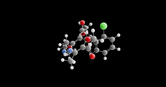 Amlodipine molecule, rotating 3D model of dihydropyridines, looped video on a black background