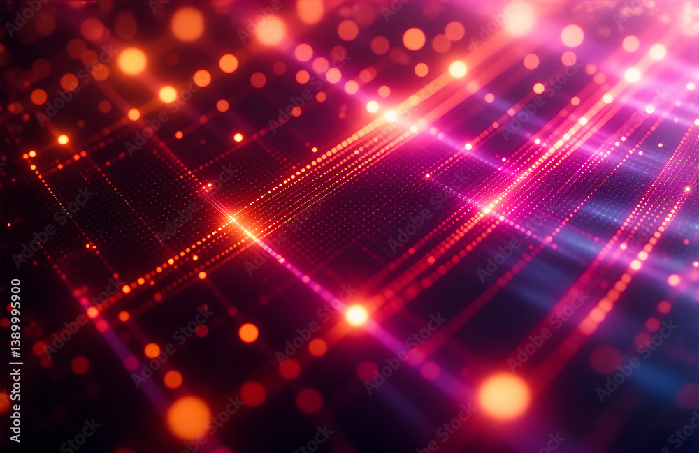 Poster abstract digital image featuring vibrant glowing lines and dots of orange, pink, and purple hues aga