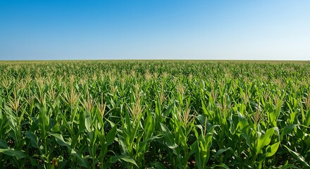 Naklejka premium Vast cornfield under blue sky embodies agricultural abundance and potential