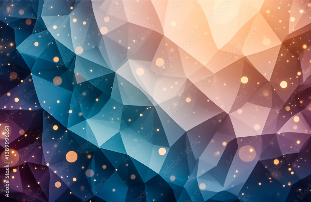Poster abstract geometric background with polygonal shapes in blue, orange, and purple hues. bokeh lights a