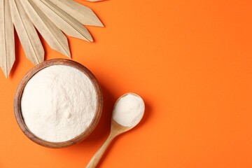 Collagen powder in bowl, spoon and dry palm leaf on orange background, flat lay. Space for text