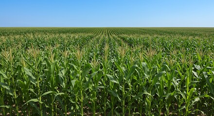 Obraz premium Vast expanse of a green cornfield meets the horizon under a clear blue sky