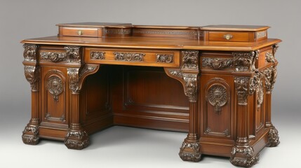 Ornate wooden desk, studio shot, detailed carving, neutral background, office d?cor