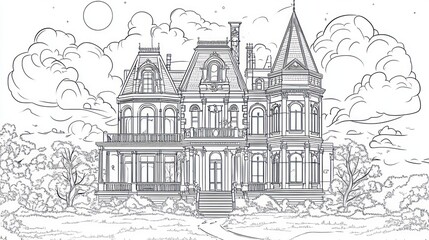 Elegant Victorian House Coloring Book Illustration