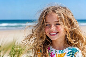 Candid shot of a girl laughing on a sunny beach with flowing hair