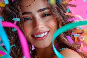 Portrait of a happy woman with sunlight glistening on her hair and colorful streamers