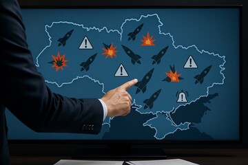 Pointing at Conflict Map on Ukraine with Missile Icons
