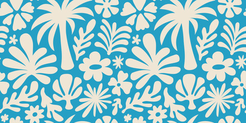 Vector seamless pattern in simple floral wavy and groovy naive style, flowers and plants, floral botanic hand drawn design templates, modern art prints, surface design, holiday and beach theme