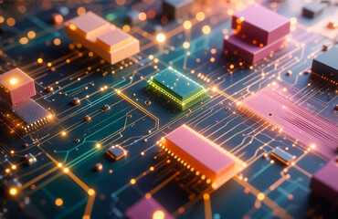 Obraz premium Digital circuit board, glowing components, intricate pathways, interconnected, technology, advanced hardware, electrical signals, futuristic, computing. Hints: colours, patterns, designs.