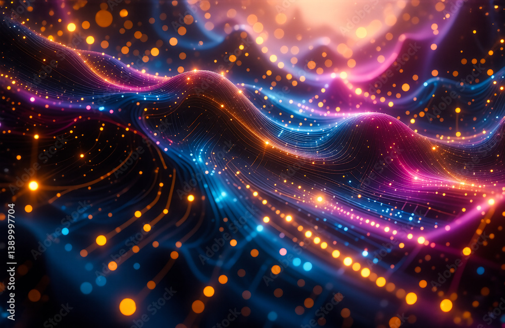 Aufkleber An image displaying abstract wave patterns, glowing in blue, pink, and orange hues. The background features a soft, bright light. It evokes energy flow and a sense of wonder.