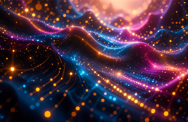 Obraz premium An image displaying abstract wave patterns, glowing in blue, pink, and orange hues. The background features a soft, bright light. It evokes energy flow and a sense of wonder.