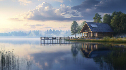 Fototapeta premium serene farmhouse beside lake with fishing pier and reflections