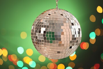 Shiny disco ball on color gradient background with blurred lights