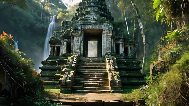 Ancient stone temple with intricate carvings, surrounded by lush green jungle and a waterfall cascading in the background

