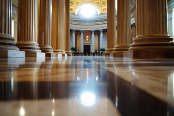 A captivating view of polished floors and towering columns showcases the symmetry and elegance of classical architecture, reflecting the ambiance of a serene historical space.