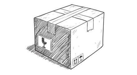 A hand drawn illustration of a cardboard box sealed with tape and fragile label on a white background