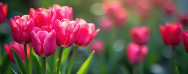 Obraz premium Cluster of bright pink tulips, dew-kissed petals , pink tulips, flowers