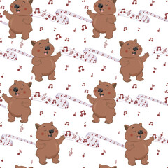 Obraz premium Сhildish pattern with singing song wombat. Animal seamless print, vector texture for kids birthday, fabric, wallpaper, wrapping paper, textile, t-shirt print