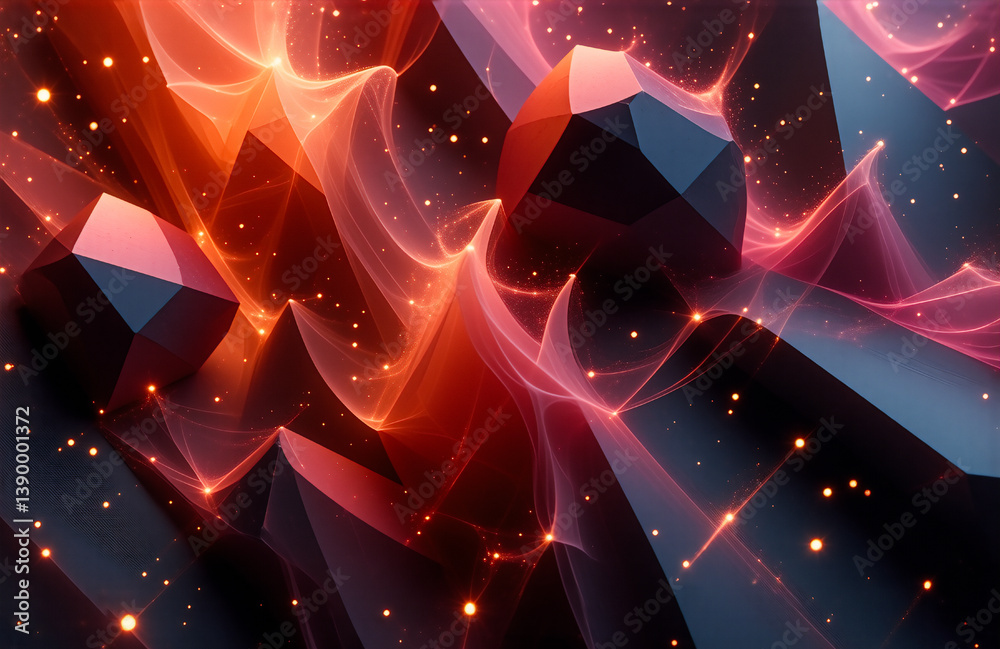 Poster This image depicts a surreal, abstract composition with geometric shapes and fluid light effects. Red and orange hues dominate, creating a dynamic and captivating scene. The forms suggest a cosmic or 