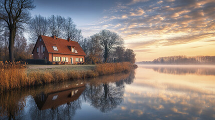Fototapeta premium serene farmhouse by riverbank reflects in calm water at sunset
