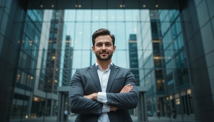 Fototapeta premium A professional man standing in front of a glass office building, arms crossed, confident facial expression, cinematic urban background