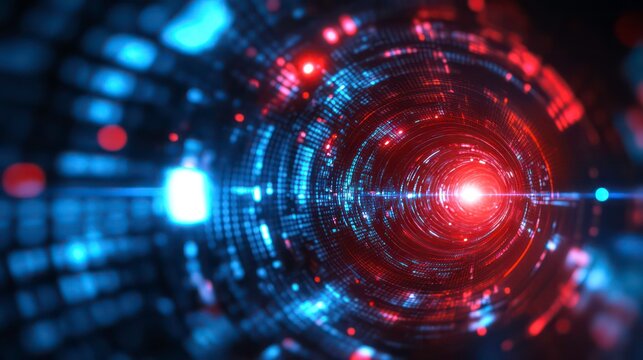 An abstract representation of a ransomware attack, featuring a digital tunnel with red and blue lights symbolizing data flow, hacking, cyber security, and the impact of malware.