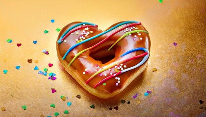 Heart Shaped Salted Caramel Donut with Rainbow Sprinkles on Gold Background Isolated