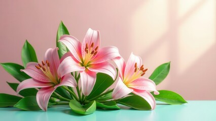 Fototapeta premium Delicate Pink Lilies Resting on a Smooth Surface, Bathed in Soft Sunlight