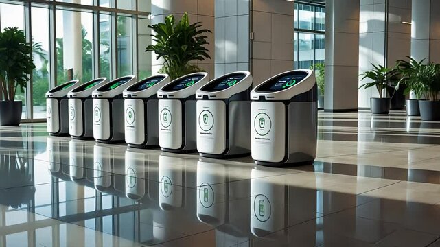 Modern recycling bins with digital displays placed in a clean, spacious office lobby with large windows and green plants

