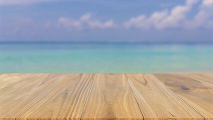 Fototapeta premium Wooden Table with Soft-Focus Tropical Beach Background