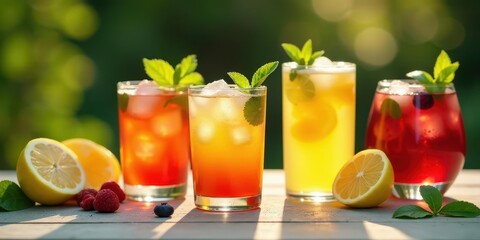 Fototapeta premium Refreshing Summer Beverages Icy Citrus and Berry Infusions in Tall Glasses with Mint Garnish on Wooden Table