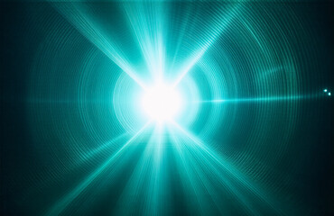 The image shows a vibrant, radiating burst of turquoise light. The core is intensely bright, spreading outward in a dynamic display of energy and flares. Hints of a cosmic event.