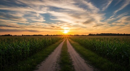 Sunlit Journey Through Verdant Cornfields: A Rural Landscape at Dusk