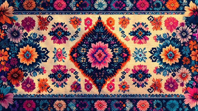 a close up of a colorful rug with a pattern of flowers