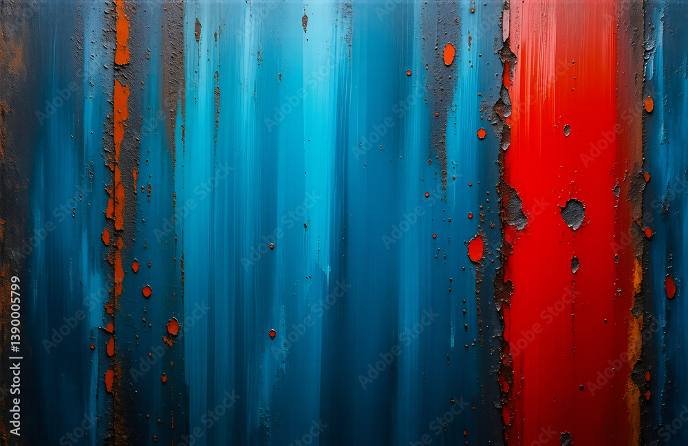 Leinwandbilder This image hints at rust and abstract textures. Vibrant streaks of red and blue dominate, creating a complex yet simple vertical composition with layered depth.