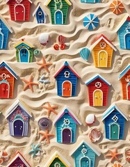 Colorful beach house on the sandy beach, papercraft style
