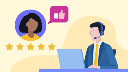 This graphic shows a customer service agent wearing a headset and using a laptop. A customer gives feedback, represented by a thumbs-up symbol and five stars. The background is light yellow.	