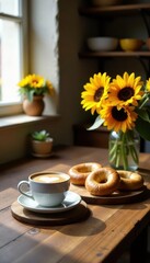 Fototapeta premium Rustic kitchen, wooden table, bagels, sunflowers, coffee , kitchenware, food