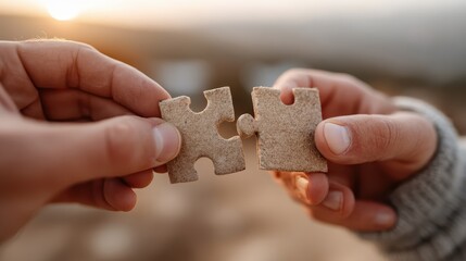 Two hands poised to connect interlocking puzzle pieces, representing unity and collaboration in personal or professional relationships.