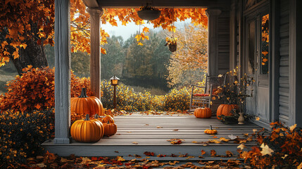 Obraz premium Cozy farmhouse porch with pumpkins and autumn leaves creating warm atmosphere
