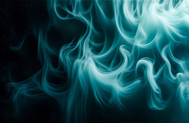Fototapeta premium An ethereal swirl of teal smoke dances against a dark backdrop. The image evokes a sense of mystery. The smoke appears luminous, suggesting movement and transformation. The color teal, dark background