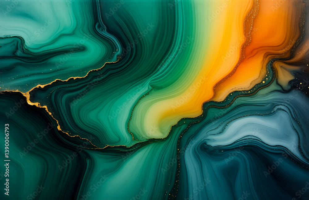 Poster Hints: The image shows abstract, flowing colors, with gold accents.

Abstract image of swirling colors - greens, yellows, oranges, and gold, creating a sense of depth and flow. The colors are vibrant 