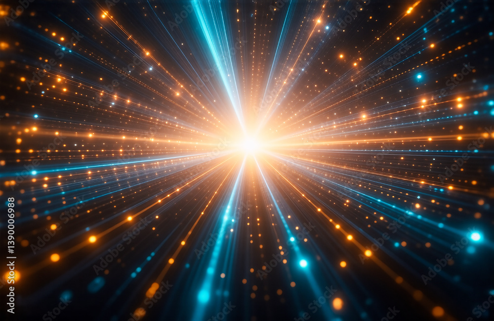 Poster this is a vibrant, abstract scene with glowing beams and a central light source. the composition evo