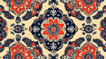 a close up of a floral pattern with a red flower