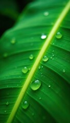 Tropical banana leaf, dew drops, macro detail, striped, foliage, fresh